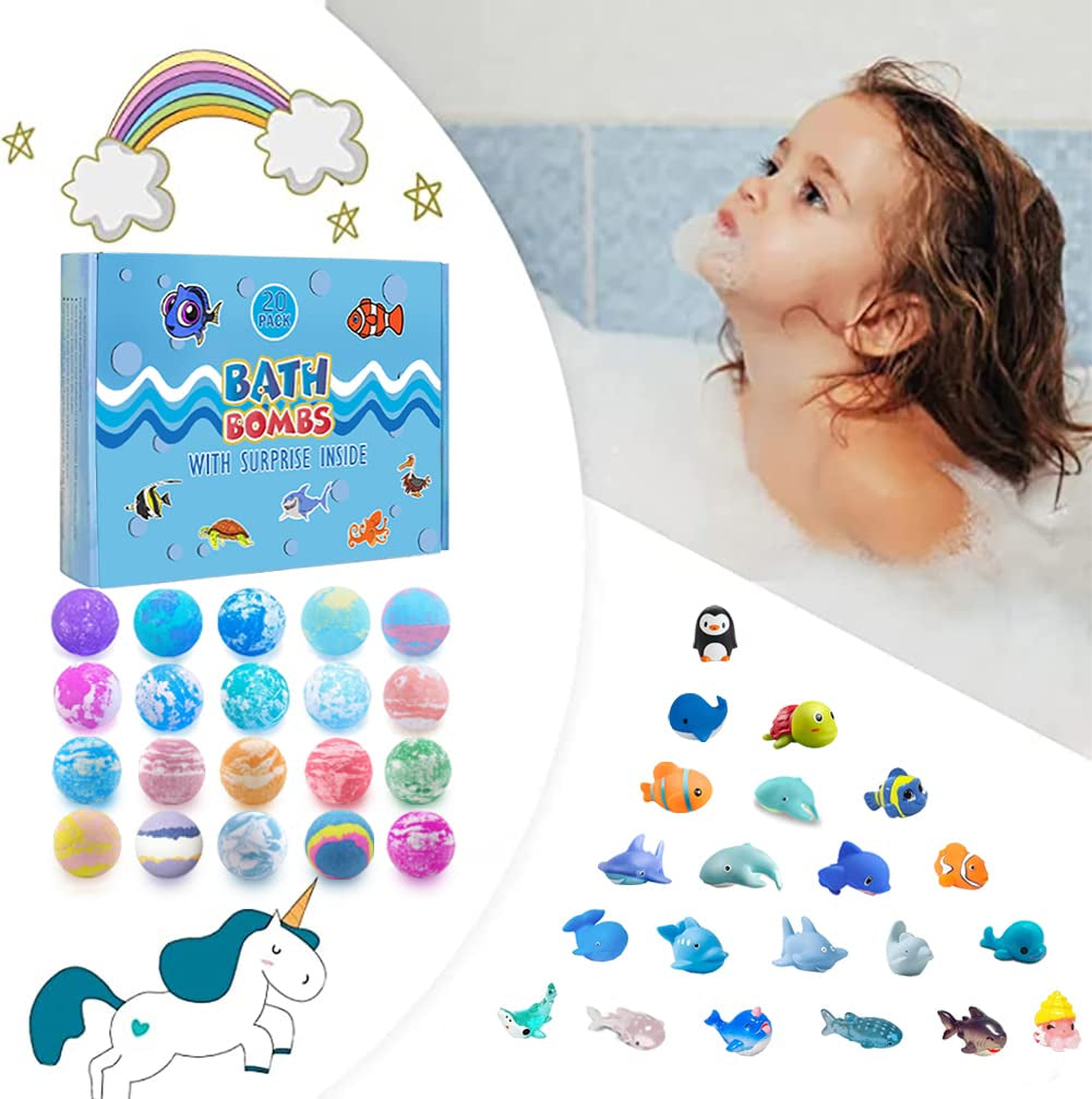 Bath Bomb Gift Set with Surprise Inside, 20 Pack Organic Bath Bombs for Kids, Kids Safe Handmade Fizzy Balls for Kid, Ideal Birthday Gift for Kids, Boys, Girls