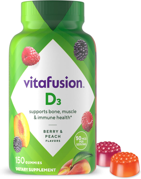 Vitafusion Vitamin D3 Gummy Vitamins for Bone and Immune System Support, Peach, Blackberry and Strawberry Flavored, 50 Mcg Vitamin D, America’S Number 1 Gummy Vitamin Brand, 75 Day Supply, 150 Count