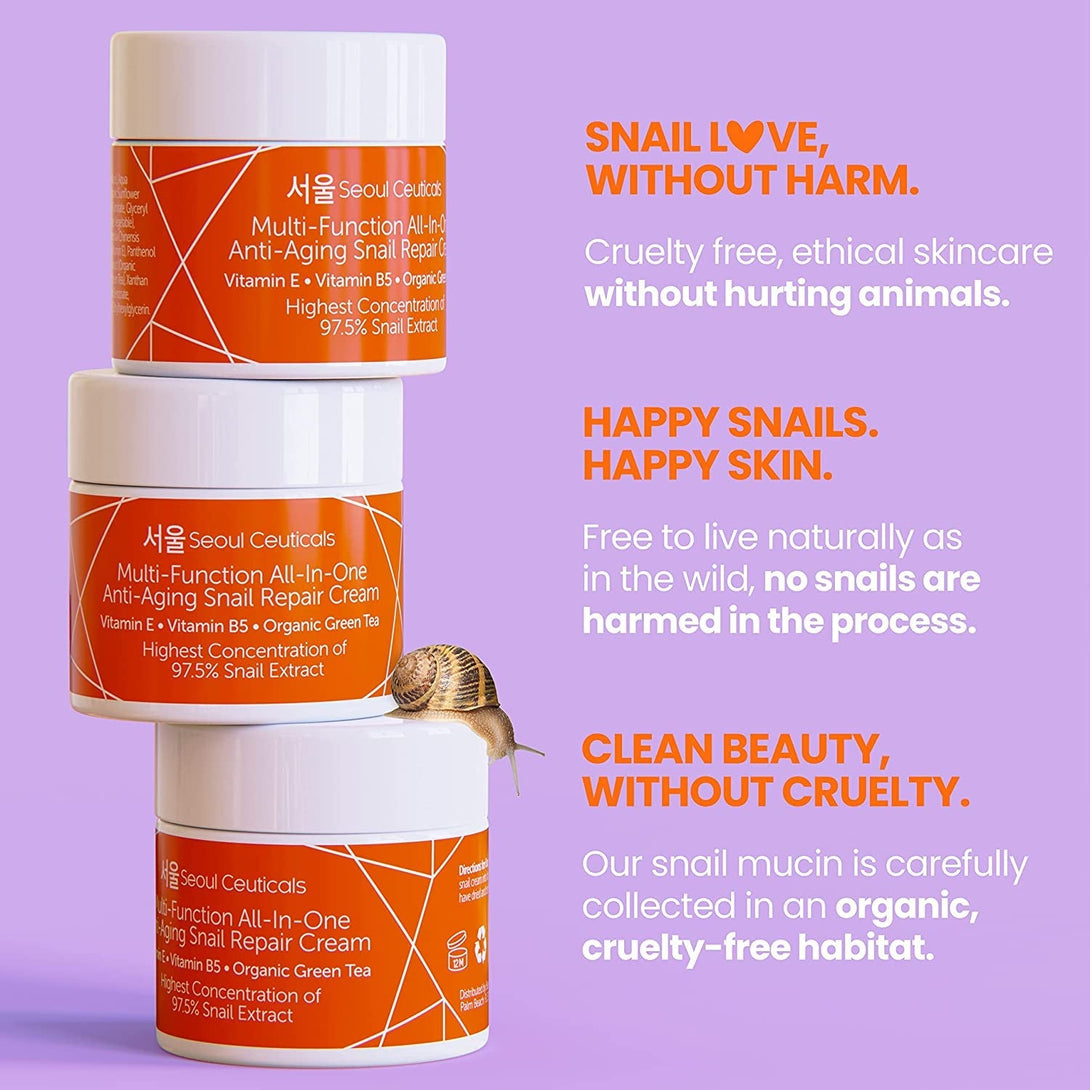 Seoulceuticals Korean Skin Care 97.5% Snail Mucin Moisturizer Cream - K Beauty Skincare Day & Night Snail Repair Cream Filtrate Cruelty Free 2Oz