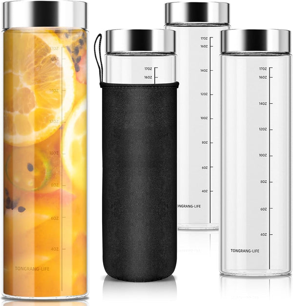 17Oz Glass Juice Bottles with Lids- 4 Pack Glass Shaker Bottles with Lid for Protein Mix,Juicing,Beverage,Water,Smoothies, Milk,Reusable Mason Jars,Water Bottle