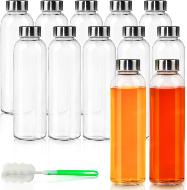 12 Pack Glass Water Bottles, 16Oz Clear Glass with Stainless Steel Lids, Reusable Drink Bottles for Juices, Smoothies, Tea, Water, Beverages