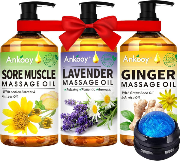 Fathers Day Gift from Wife-3 Pack Massage Oil for Massage Therapy,Sore Muscle Arnica Oil & Lavender Massage Oils for Date Night & Ginger Oil Lymphatic Drainage & Massage Ball,Spa Gifts for Him Her