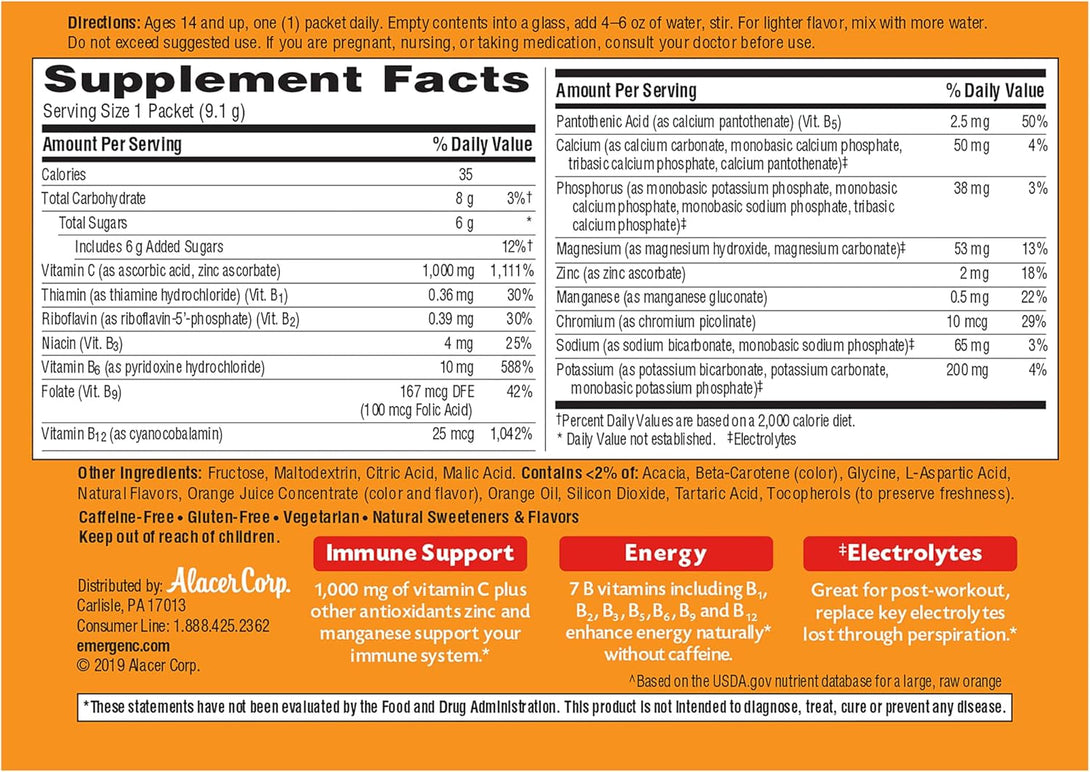 Emergen-C 1000Mg Vitamin C Powder for Daily Immune Support Caffeine Free Vitamin C Supplements with Zinc and Manganese, B Vitamins and Electrolytes, Super Orange Flavor -60 Count(Pack of 1)