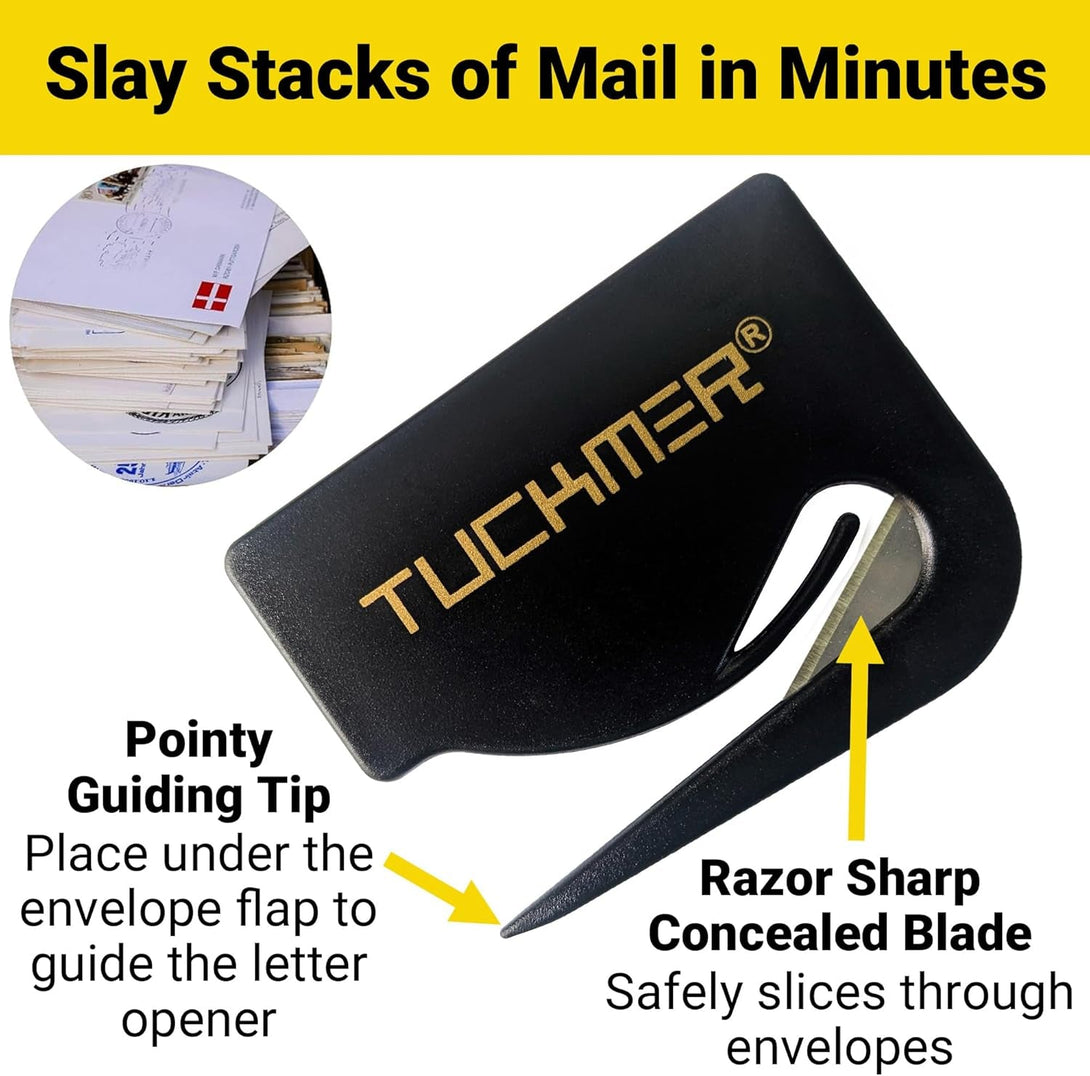4 Pk Letter Opener Envelope Opener, Mail Cutter Slitter for Women, Men, Office, Home & Business Travelers - Mail Cutter with Safety Concealed Razor Blade and Guiding Tip for Perfect Cut - 4 Colors