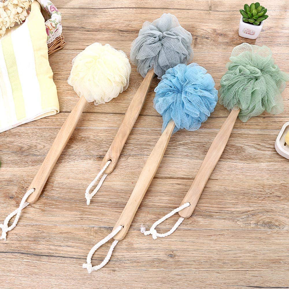 Loofah Back Scrubber, Wooden Handle Bath Sponge Lufa Shower Brush, Soft Nylon Mesh Back Cleaner Washer, Body Brush for Women Kids Bathroom Shower Accessories (Green)