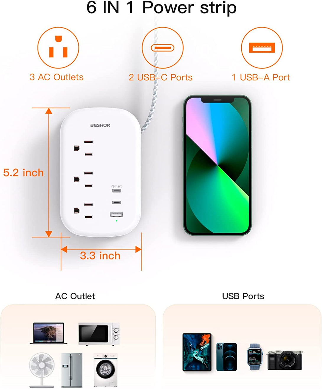 BESHON Flat Plug Power Strip, 3 Outlets with 3 USB Ports(2 USB C), Ultra Flat 3.2Ft Wrapped around Extension Cord for Cruise Ship, Travel, Dorm Room Essentials