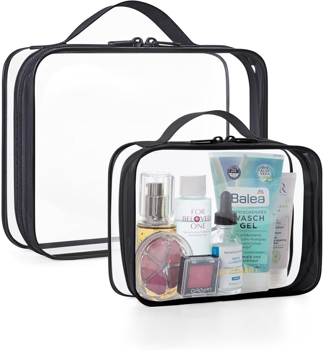 BAGSMART TSA Approved Clear Toiletry Bag, 2 Packs Quart Size Water Resistant Makeup Cosmetic Bags for Women, 2 Sizes Airport Airline Travel Essential Carry on Organizer with Handle Large Opening