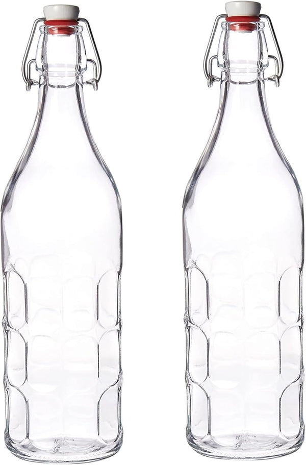 Bormioli Rocco Set of 2 Moresca Bottles, 33.75 Oz. Clear Textured Glass, with Swing Top Hermetic Lid, Leak Proof Water Bottle, Dishwasher Safe, Made in Italy