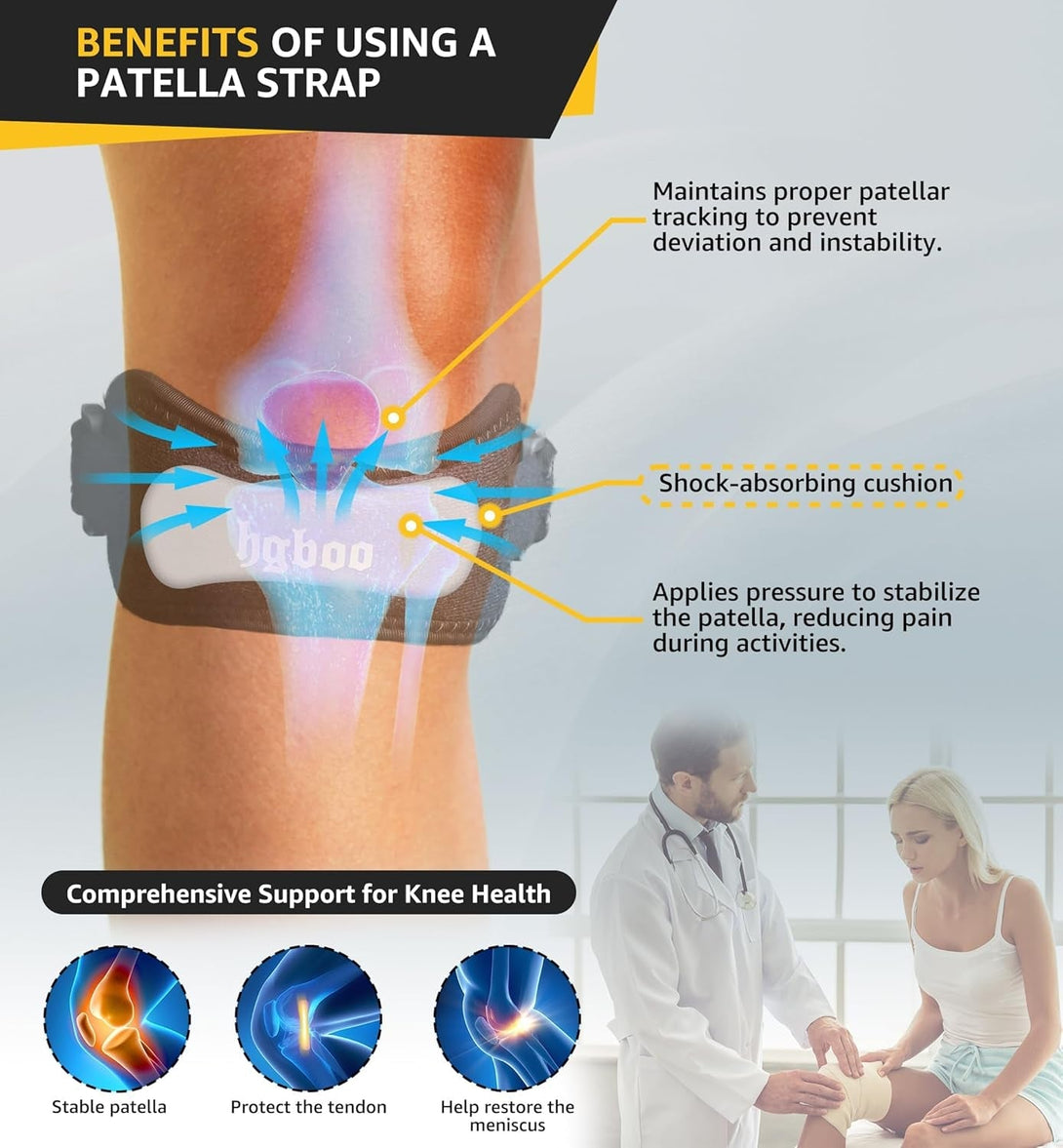2-Pack Patella Tendon Knee Brace Straps, Adjustable Knee Support Patella Stabilizer for Pain Relief, Jumpers Knee, Tendonitis, Arthritis, Running, Hiking, Tennis, Squats - Universal Fit (Black)