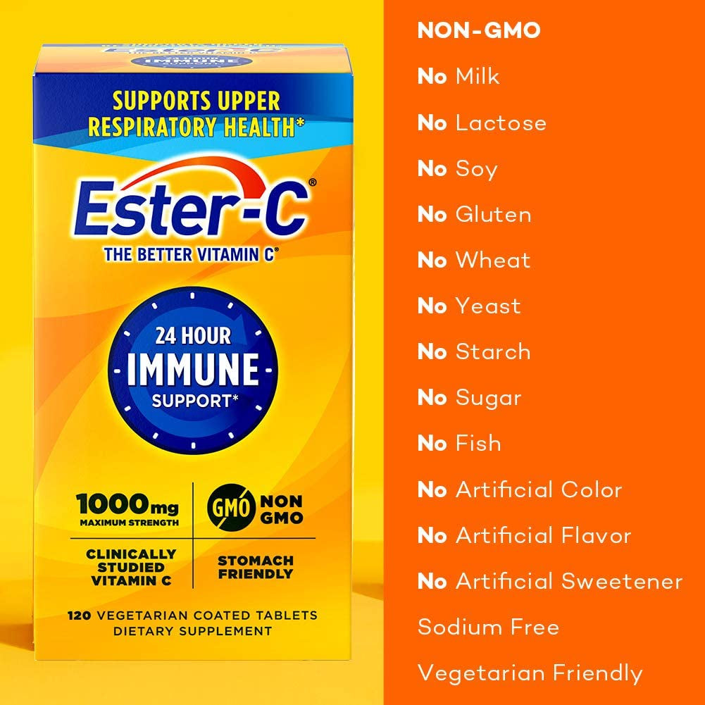 Ester-C Vitamin C 1000 Mg Coated Tablets, Immune System Booster, Stomach-Friendly Supplement, 120 Count