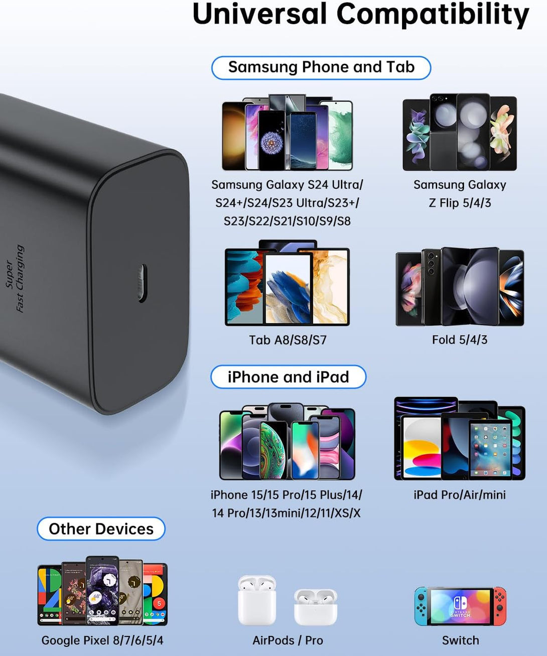 45W Super Fast Charger Type C with 10FT USB C Charger for Sam-Sung Galaxy S25 Ultra/Galaxy S24/S23 Ultra/S24/S24/S23/S22 Note S10/S9/S8, Galaxy Tab S10/S9/S8 Z Fold 5/Z Flip 5