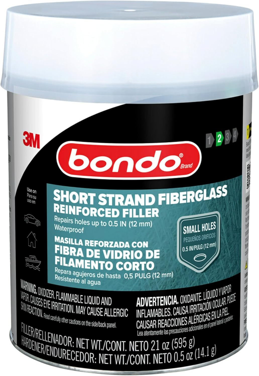 3M Bondo Short Strand Fiberglass Reinforced Filler 21 Oz (595.34 G) with Bondo Cream Hardener 0.5 Oz (14G), Repair Holes up to 0.5 IN, Waterproof (SS-PT-ES)
