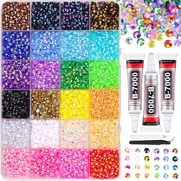 24000Pcs Resin Jelly Rhinestones for Crafting, Mixed-Color 3Mm Flatback Gems for Diamond Art, Bedazzling Crystal with 3Pcs 10Ml B7000 Jewelry Glue for DIY Crafts Clothing Shoes Nail Art