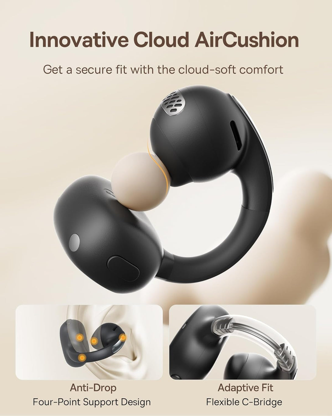 Baseus Bowie MC1 Open Ear Clip-On Earbuds, Adaptive Comfort with Anti-Drop Design, Impactful Sound with Adaptive Bass Boost, Adaptive Noise Cancelling Calls, IP57 Waterproof, 40H Playtime, Lightweight
