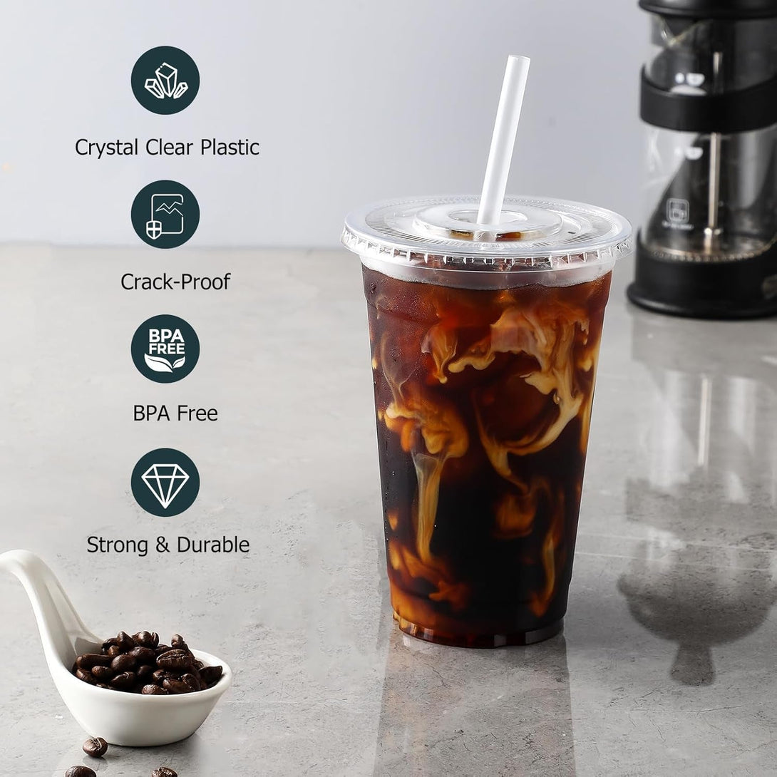 AOZITA [100 Sets] 12 Oz Clear Plastic Cups with Lids and Straws, Disposable Cups with Lids for Iced Coffee, Smoothie, Milkshake and Cold Drinks