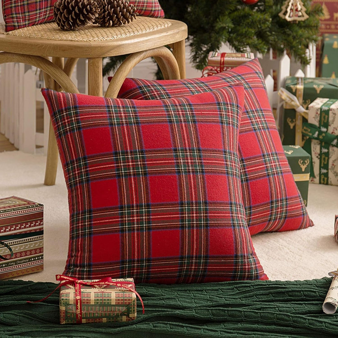 AQOTHES Pack of 2 Christmas Plaid Decorative Throw Pillow Covers Scottish Tartan Cushion Case for Farmhouse Home Holiday Decor Red and Green, 18 X 18 Inches