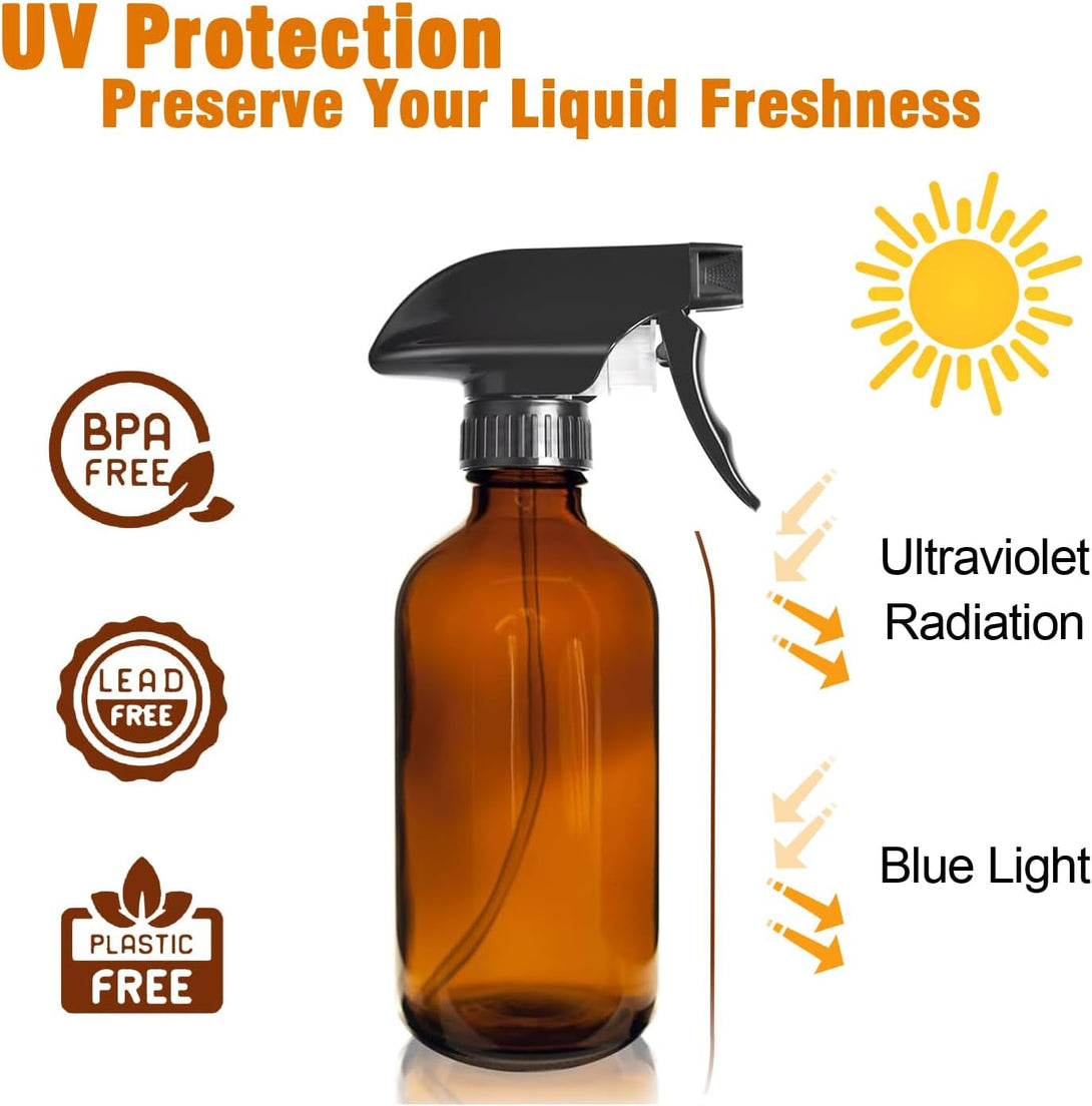 8Oz Amber Glass Spray Bottles - 2 Pack Empty Refillable Bottles for Cleaning, Hair Care, Essential Oils, Plants - Includes Durable Nozzle, Labels, Funnel & Dropper, Handheld Size