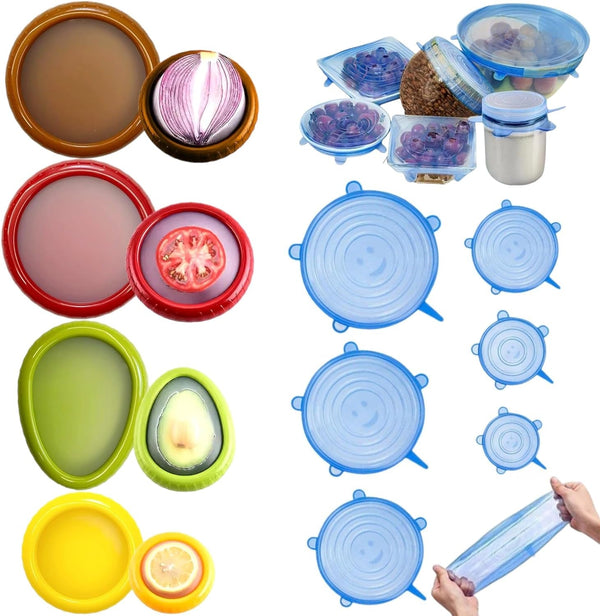 Fresh Guard - Set of 4 Reusable Storage Containers for Fridge - Anti-Oxidation - Avocado Saver and Tomato Holder + 6 Reusable Silicone Stretch Lids - Airtight, Leak-Proof for Bowls, Jars, Cans
