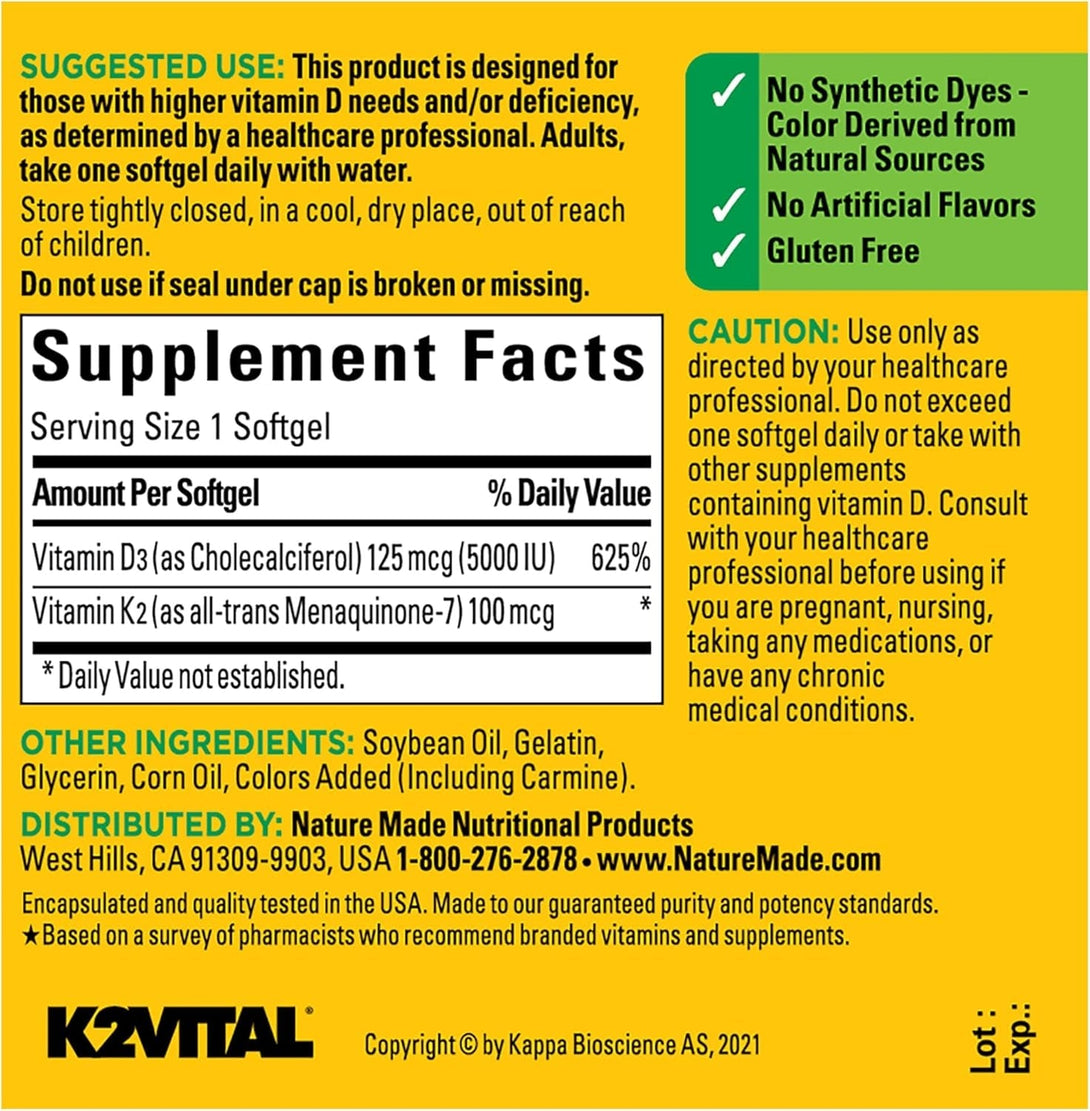 Nature Made Vitamin D3 K2, 5000 IU (125 Mcg) Vitamin D, Dietary Supplement for Bone, Teeth, Muscle and Immune Health Support, 30 Softgels, 30 Day Supply