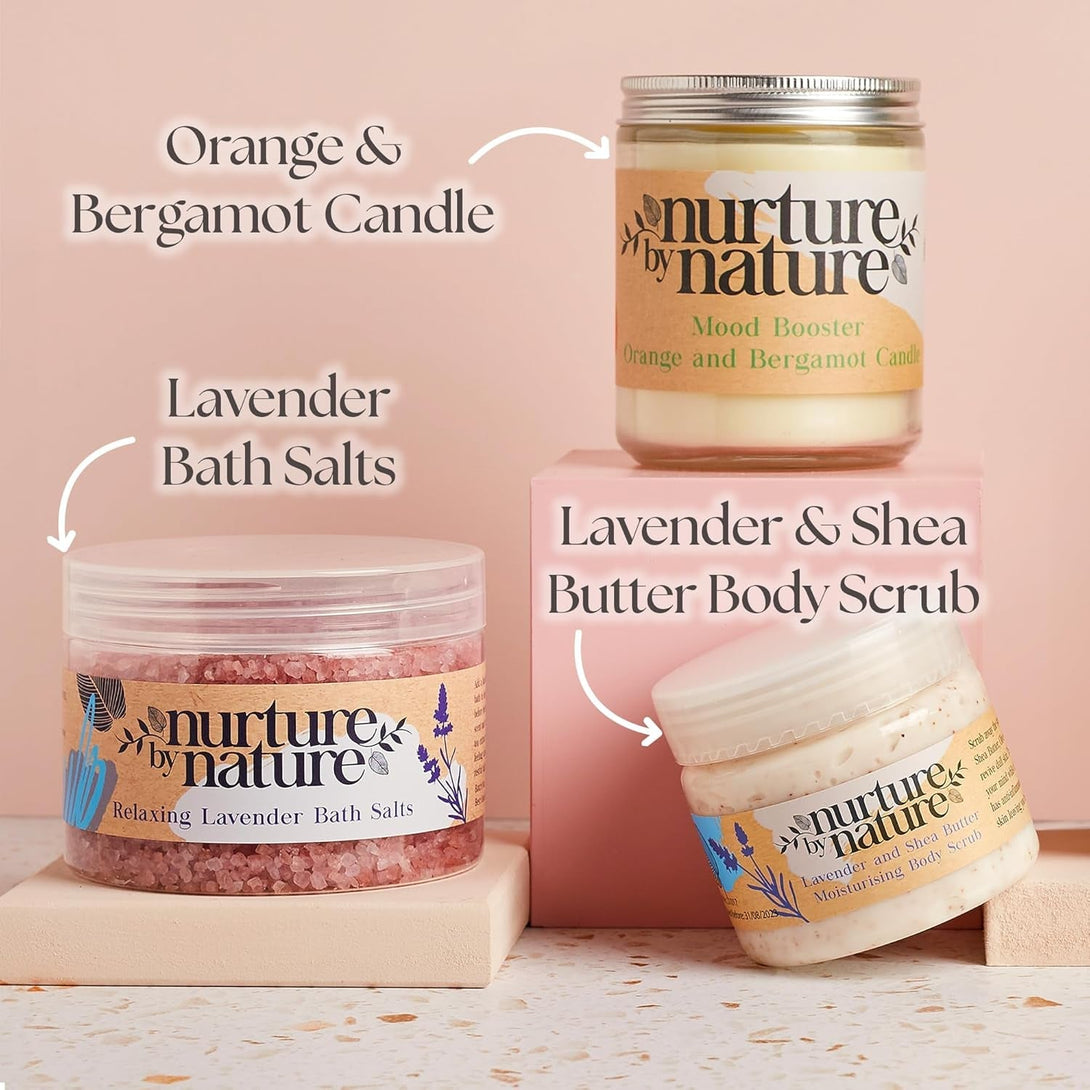Nurture by Nature RELAX & CALM Spa Kit - Mothers Day Gifts - Spa Gift Baskets for Women, Complete Bath Sets for Women Gift - Lavender Pillow Mist, Bath Salts, Bath Bomb - Self Care Gift Basket