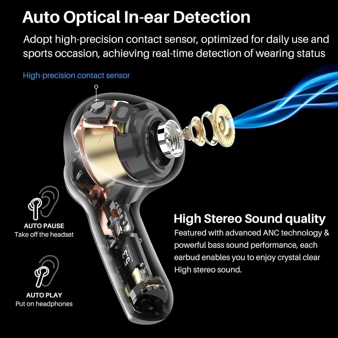 TOZO NC2 Hybrid Active Noise Cancelling Wireless Earbuds, In-Ear Detection Headphones, IPX6 Waterproof Bluetooth 5.3 Stereo Earphones, Immersive Sound Premium Deep Bass Headset Matte Black