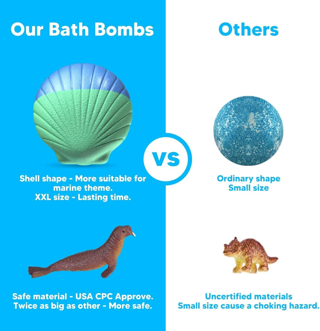 Kids Bath Bombs with Surprise Toys Inside, 12 Pack Shell Organic Bath Bombs for Kids with Ocean Sea Animals for Girls Boys Toddlers, Marine Shark Bath Bomb Gift for Easter Birthday Bubble Bath