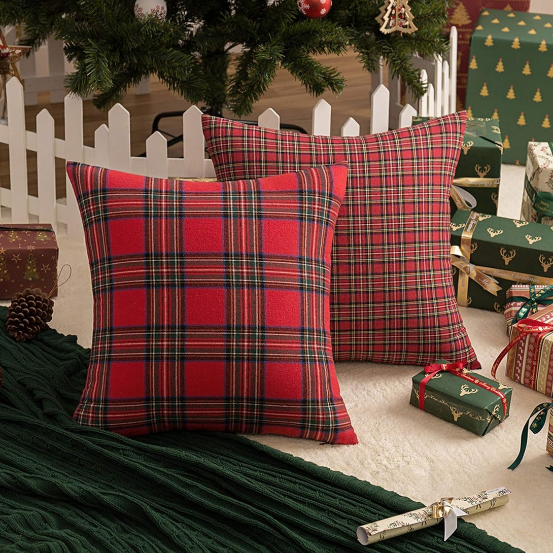 AQOTHES Pack of 2 Christmas Plaid Decorative Throw Pillow Covers Scottish Tartan Cushion Case for Farmhouse Home Holiday Decor Red and Green, 18 X 18 Inches