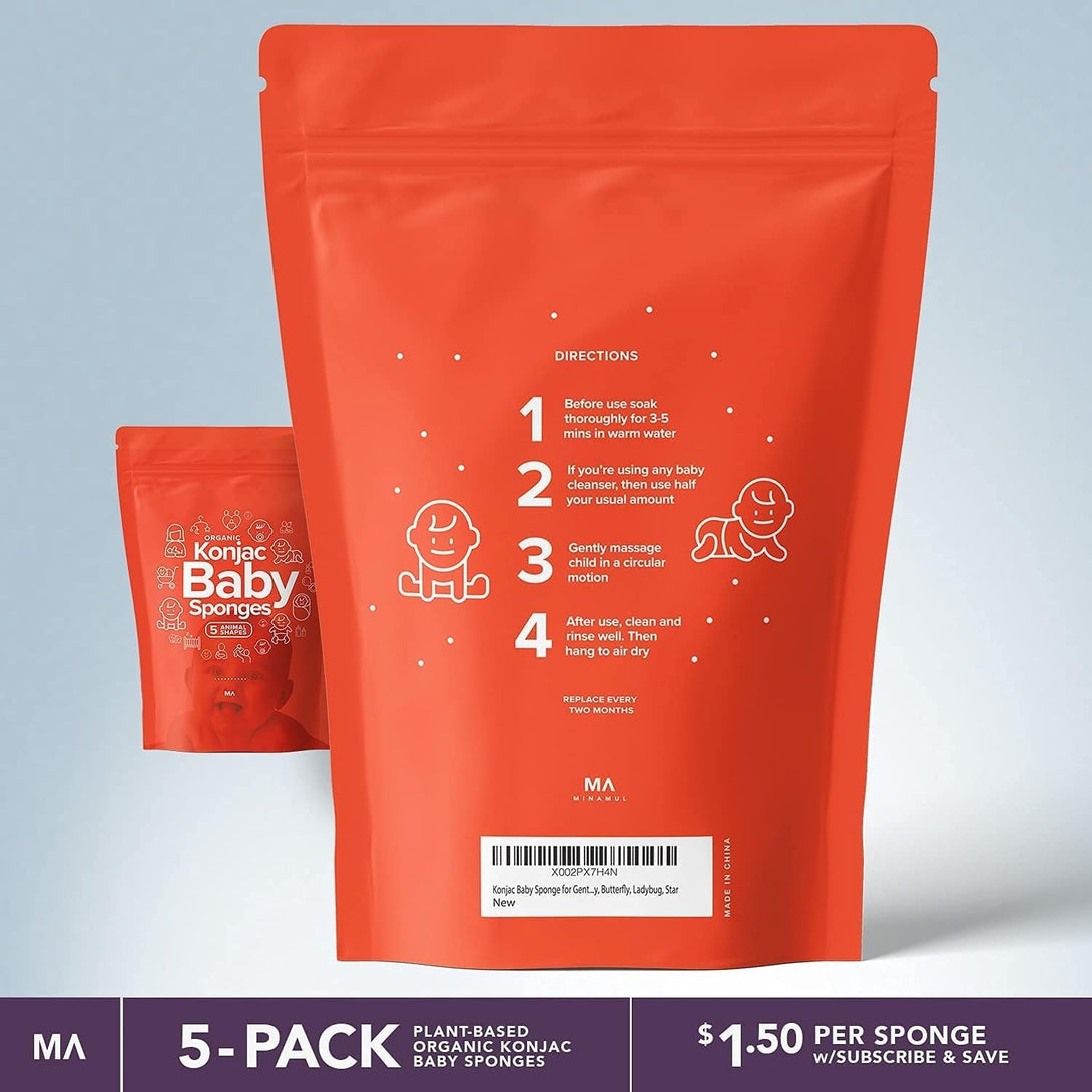 Konjac Baby Sponge for Bathing | Natural Cute Shapes | Kids Bath Sponges for Infants | Toddler Bath Time | Safe Organic Plant-Based | 5Pcs Set : Bear, Monkey, Butterfly, Ladybug, Star