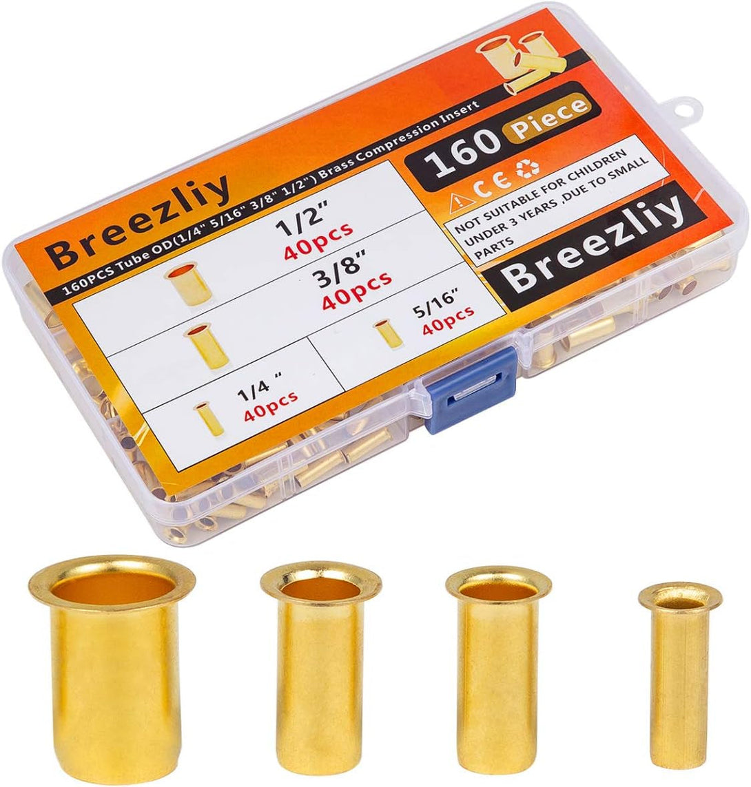 160Pcs Tube OD(1/4" 5/16'' 3/8" 1/2") Brass Compression Insert,Brass Compression Fitting Assortment Kit, Insert Tube Support Compression Sleeve Fitting