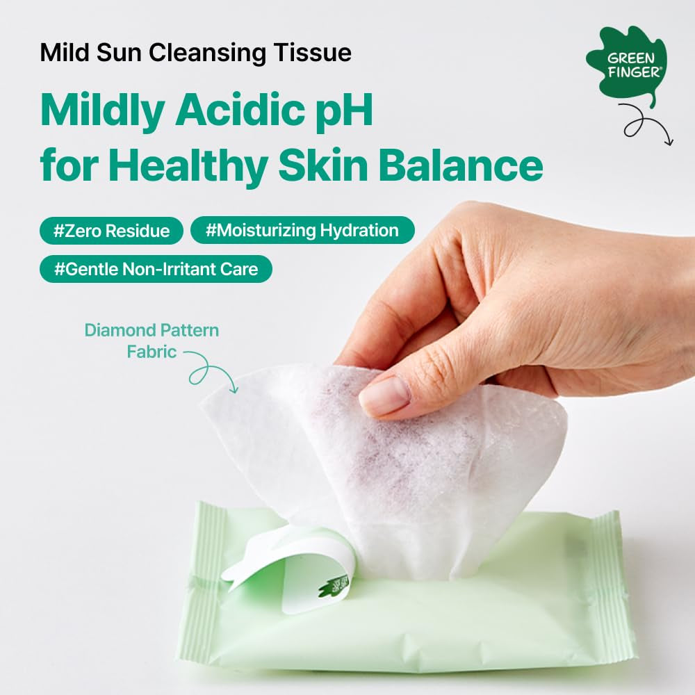 GREEN FINGER Mild Sun Cleansing Tissue 30 Count (6 Packs of 5), Gentle Baby Wipes for Sensitive Skin, Removes Sunscreen Easily, Natural Organic Makeup Remover Wipes with Aloe Vera, Korean Skincare
