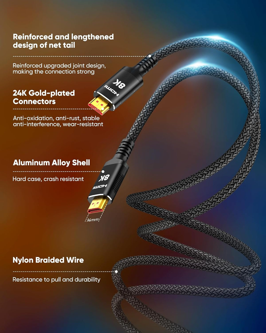 Snowkids 8K Certified HDMI 2.1 Cable 10 Ft, 48Gbps Ultra High-Speed HDMI Cables Cord, 10K 8K@60Hz, 4K@120Hz Compatible for Tv/Laptop/Monitor/Ps-5/X-Box/Projector/Entertainment/Sound System & More