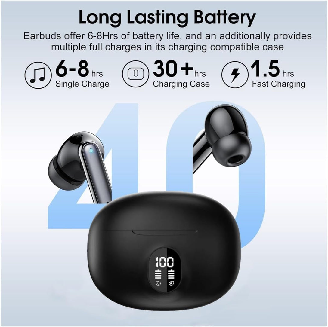 Wireless Earbuds, Bluetooth 5.4 Headphones Ear Buds with Bass Stereo Sound Noise Reduction Earphones, 120H Playtime,Ipx7 Waterproof USB-C , Touch Control LED Display Headset for Work Sport (Black)
