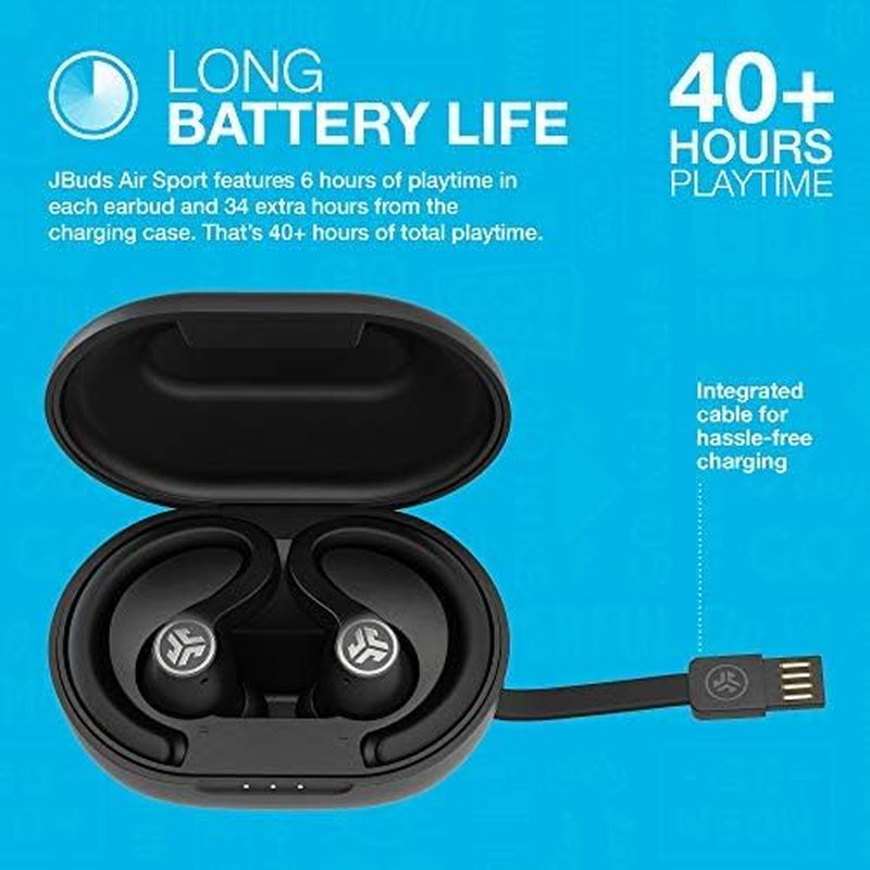Jlab Jbuds Air Sport True Wireless Bluetooth Earbuds + Charging Case, Black, IP66 Sweat Resistance, Class 1 Bluetooth 5.0 Connection, 3 EQ Sound Settings Jlab Signature, Balanced, Bass Boost