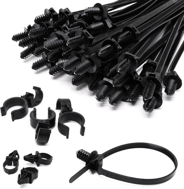 Push Mount Zip Ties 50Pcs, Heavy Duty Black Wire Zip Tie Mounts, 2 in 1 Nylon Self Locking Push Mount Cable Zip Tie for Engine Bay Wire Harness, Indoor Wires Tying (8.3"X0.2")
