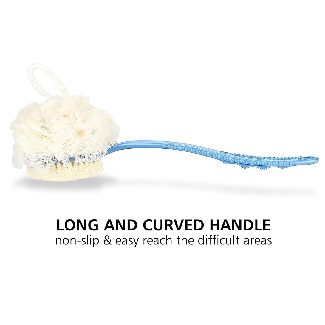 Shower Body Brush with Bristles and Loofah,Back Scrubber Bath Mesh Sponge with Curved Long Handle for Skin Exfoliating Bath, Massage Bristles Suitable for Wet or Dry, Men and Women (Blue)