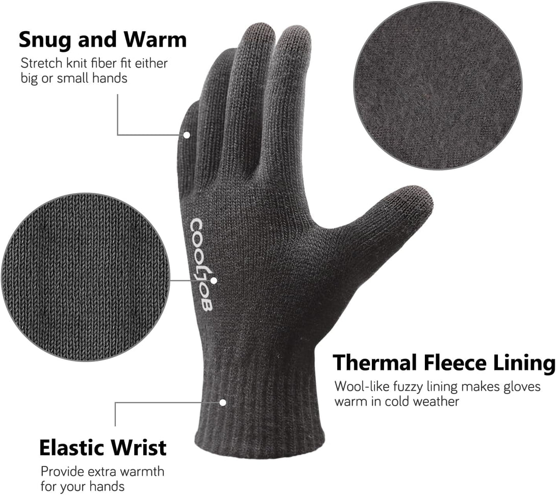 COOLJOB Warm Fleece Knit Winter Gloves for Men Women, Touch Screen Fingers, Non-Slip Silicone Grip and Elastic Cuff