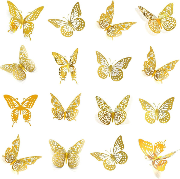 3D Butterfly Wall Decor 48 Pcs 4 Styles 3 Sizes, for Birthday Decorations Party Decorations, Removable Wall Stickers Interior Decorations Kids Nursery Classroom Wedding Decor (Gold)