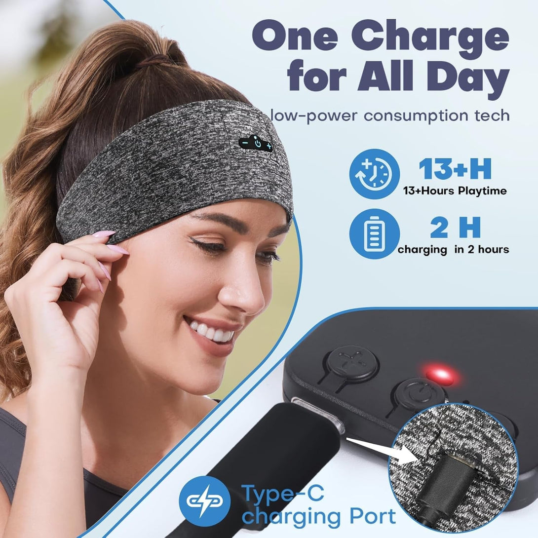 Sleep Headphones Bluetooth Headband for Side Sleeper, 14 Hours Playtime, Wireless Headband Headphones with HD Stereo Speakers for Workout,Running,Yoga, Ideal Gifts for Men, Women, Teens, Grey