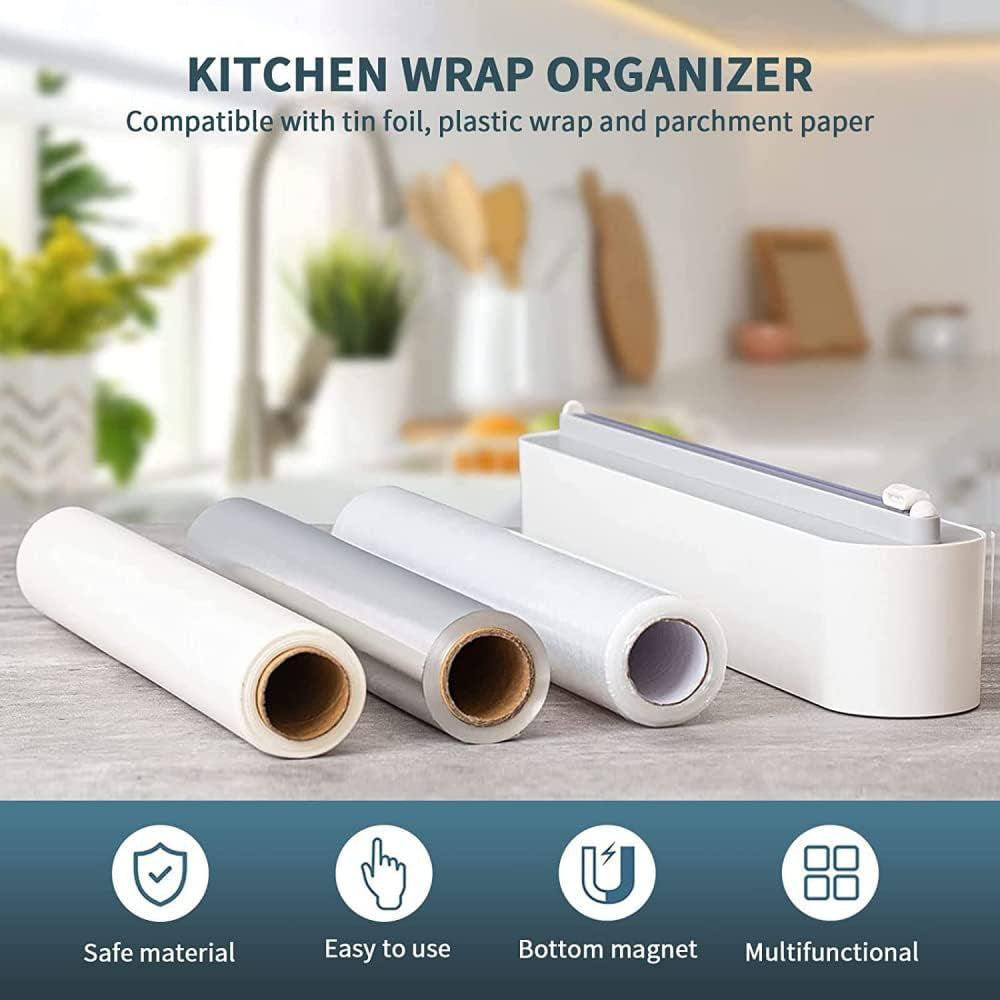 Refillable Magnetic Plastic Wrap Dispenser with Slide Cutter, Sturdy Food Cling Film Cutter, Press and Seal Wrap, 12" X 328' Roll BPA Free