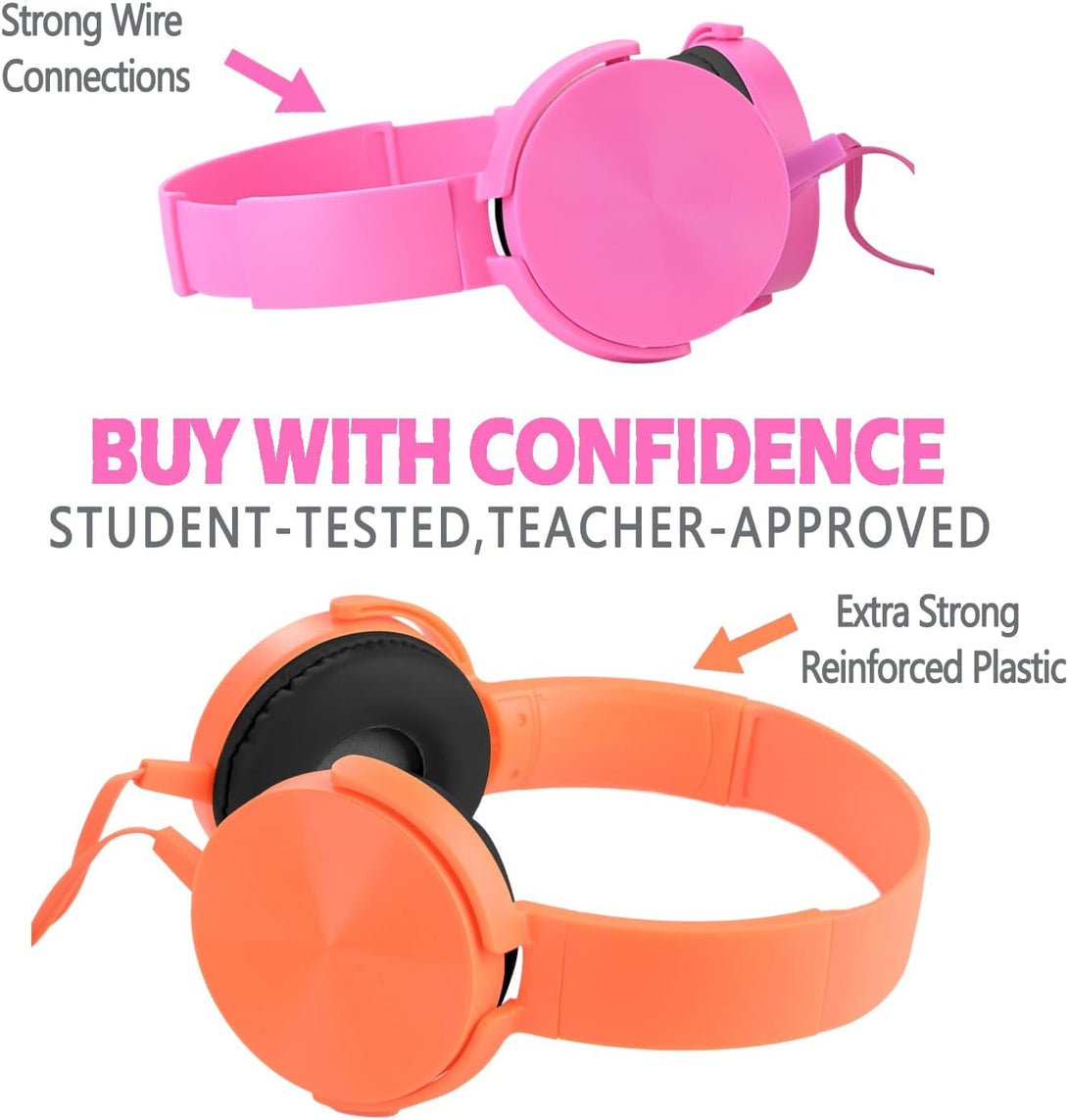 Kids Headphones 2 Pack for School Classroom, Wired Durable Earphones Class Set for Students Children Toddler Teens Boys Girls and Adult (HY450, Orange+Pink)