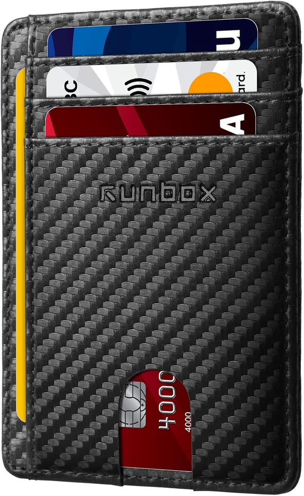 RUNBOX Black Slim Minimalist RFID Blocking Front Pocket Leather Wallets for Men Women Gift Box