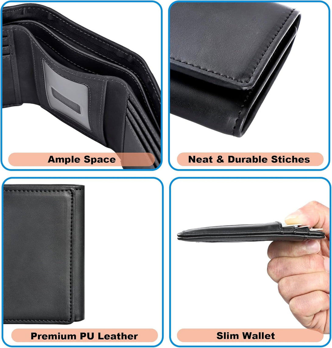 Trifold Wallet for Men Wallets with 8 Card Slot and 2 Money Pocket and 1 Clear Windows Slot + 1 Slim Card Pocket for Credit Card with 6 Card Slot and 1 Transparent Windows Slot - Black