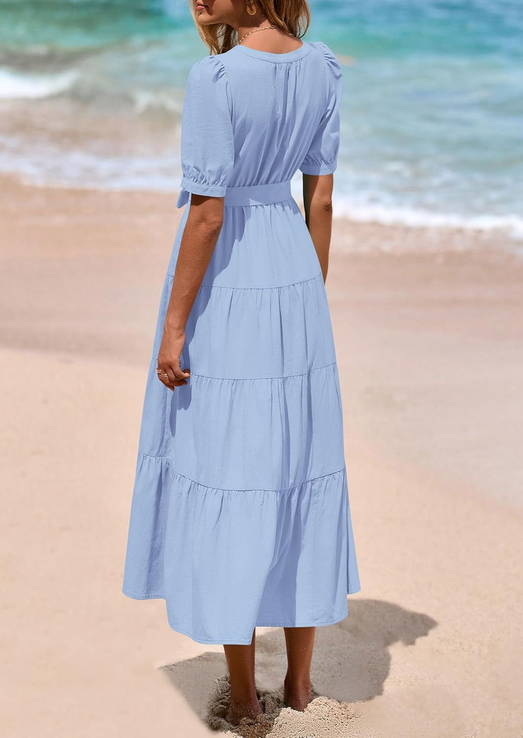 PRETTYGARDEN Women'S Midi Dress 2025 Summer Casual Short Sleeve V Neck Buttons Belted Ruffle a Line Flowy Dress with Pockets