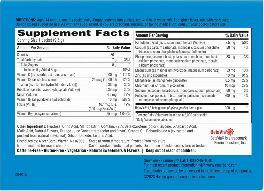 Emergen-C Immune+ Triple Action Immune Support Powder, Betavia (R), 1000Mg Vitamin C, B Vitamins, Vitamin D and Antioxidants, Super Orange – 50 Count