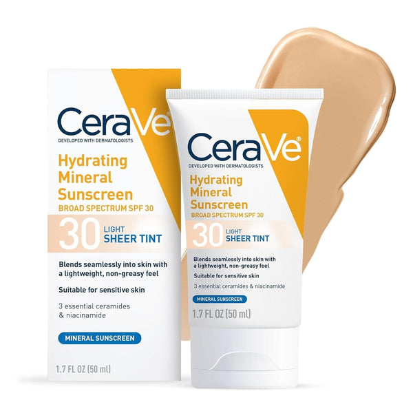 Cerave Hydrating Mineral Sunscreen SPF 30 with Sheer Tint, Tinted Mineral Sunscreen with Zinc Oxide & Titanium Dioxide, Blends Seamlessly for Healthy Glow, Light, 1.7 Oz