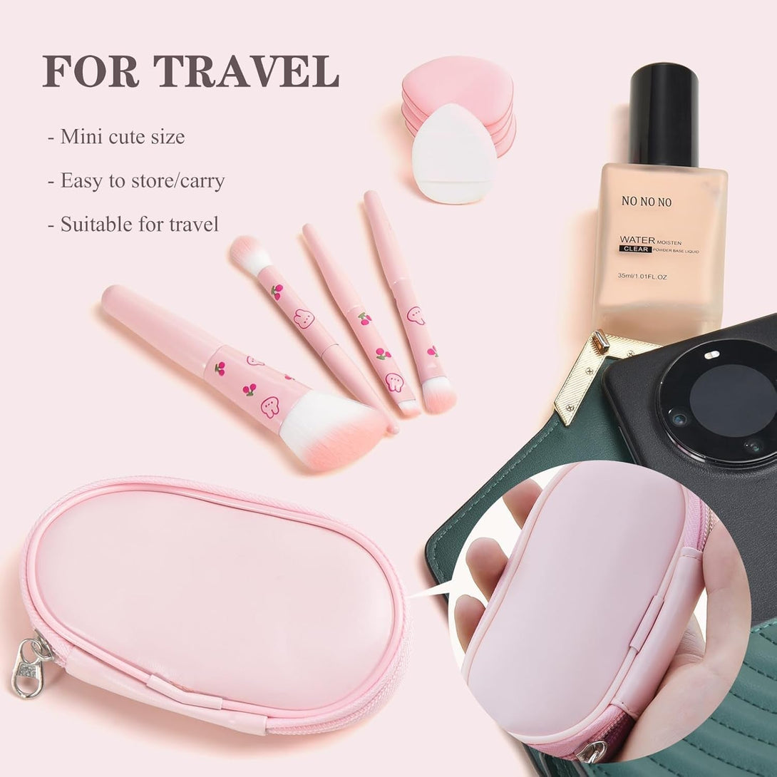 5Pcs Pink Printed Travel Makeup Brushes with Bag and 5Pcs Finger Puff Cosmetic Tool Kit Soft Synthetic Fiber for Foundation, Powder, Brush, Eye Shadow, Eyebrow Powder Gift for Women/Girls/Kids