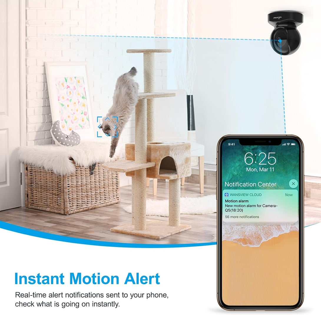 Wansview Security Camera Indoor, 360 Degree Wifi Home Security Cameras for Pet/Dog/Nanny, 2 Way Audio Night Vision, Works with Alexa, with TF Card Slot and Cloud, 2.4Ghz, Q5 (Black, 3MP)