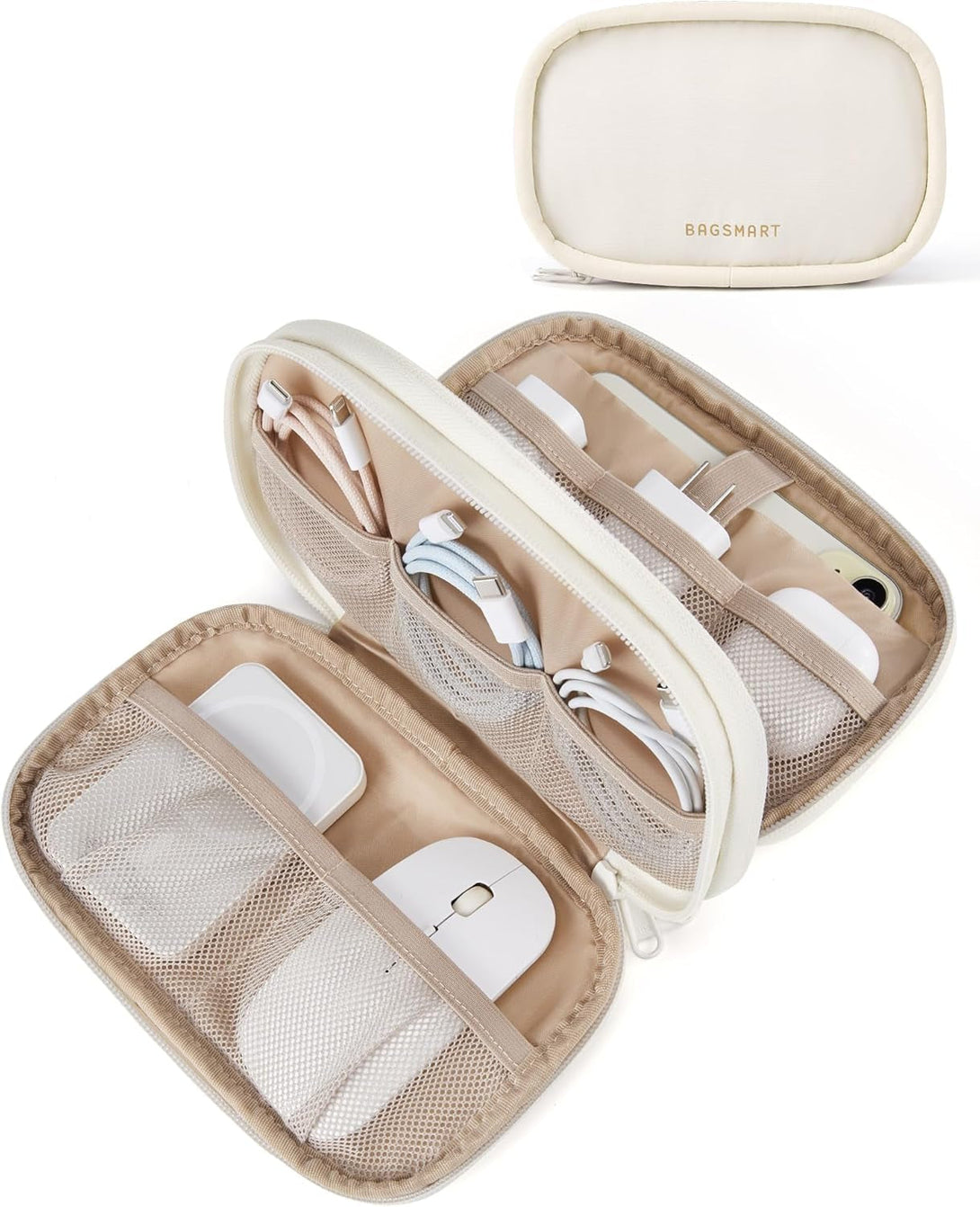 BAGSMART Electronics Organizer Travel Case, Cord Organizer for Women, Travel Cable Bag (Beige)