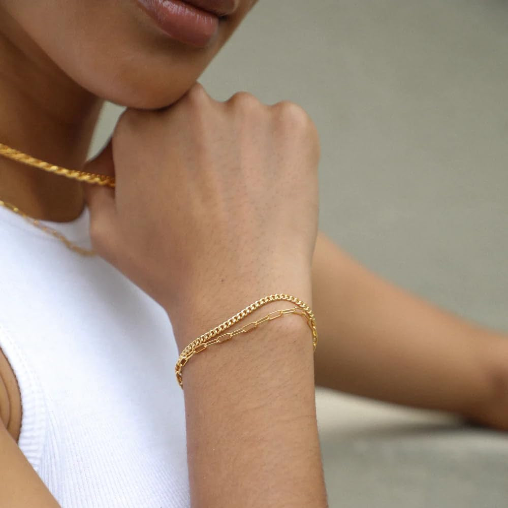 Gold Bracelets for Women Trendy,14K Real Gold Plated Dainty Stackable Paperclip Cuban Link Chain Bracelets,Cuff Bracelets Jewelry Set Adjustable 7"+2"