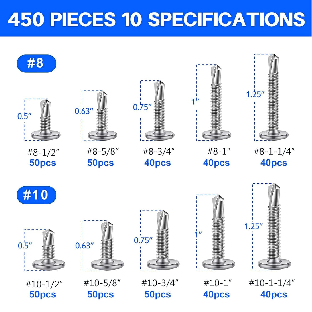450PCS Self Tapping Screws for Metal, 410 Stainless Steel Self Drilling Screws #8#10 Truss Head Sheet Metal Screws Assortment Kits, Length 1/2"" to 1-1/4'' (Silver)